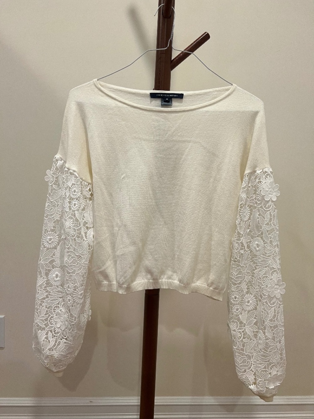 French Connection Cream Knit Floral Crochet Lace Balloon Sleeve Sweater M